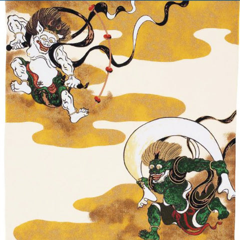 Ukiyoe Chirimen Yuzen Rayon 100% - Fujin Raijin (風神雷神 祥雲 クリーム) - Furoshiki  68 x 68 cm