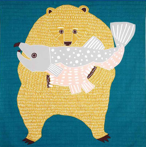 Kata Kata -  Bear &  Salmon  Blue (くまとさけ ブルー) - Furoshiki   100 x 100 cm