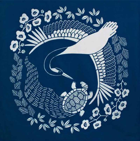 Kata Kata - Natural indigo dyeing  天然藍染  Crane and Turtle , dark indigo (鶴亀 濃藍) - Furoshiki   100 x 100 cm (Copy)