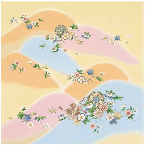 Chirimen Sansaku Furoshiki 100% silk  - Touyama ni Hana  遠山に花  - Furoshiki (Japanese Wrapping Cloth)　68 x 68 cm 正絹さざ波ちりめん友仙ふろしき　　