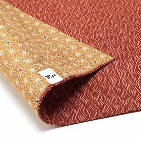 Komon - Double-Sided Dyeing - Samekomon x Asanoha さざら織両面ふろしき（鮫小紋×麻葉） (Vermilion x Gold Brown)  朱×金茶  74 x 74 cm - Furoshiki (Japanese Wrapping Cloth)