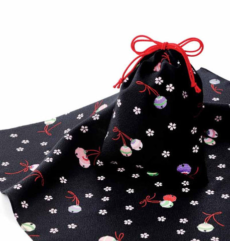 Eco Cloth　Furoshiki and Drawstring Bag Set　　エコクロス®文様柄ふろしき　×　巾着セット　 - Bell and cherry blossoms 鈴と桜  　 - Furoshiki   70 x 70 cm